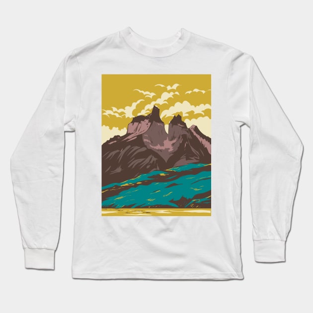 Torres Del Paine National Park from Lake Pehoe in Chile WPA Art Deco Poster Long Sleeve T-Shirt by retrovectors